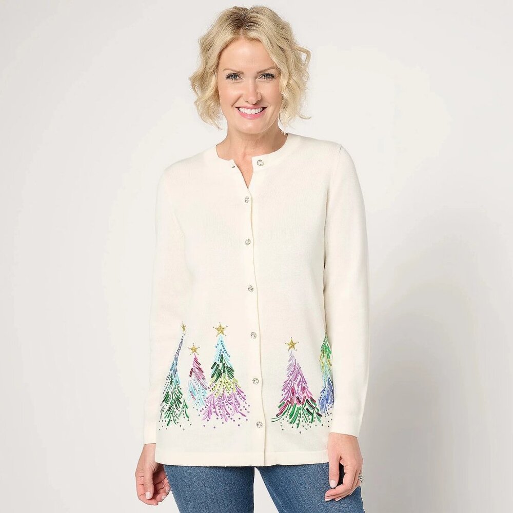 NWT White Sequined Sparkly Christmas Trees Cardigan Sweater QUACKER FACTORY XS